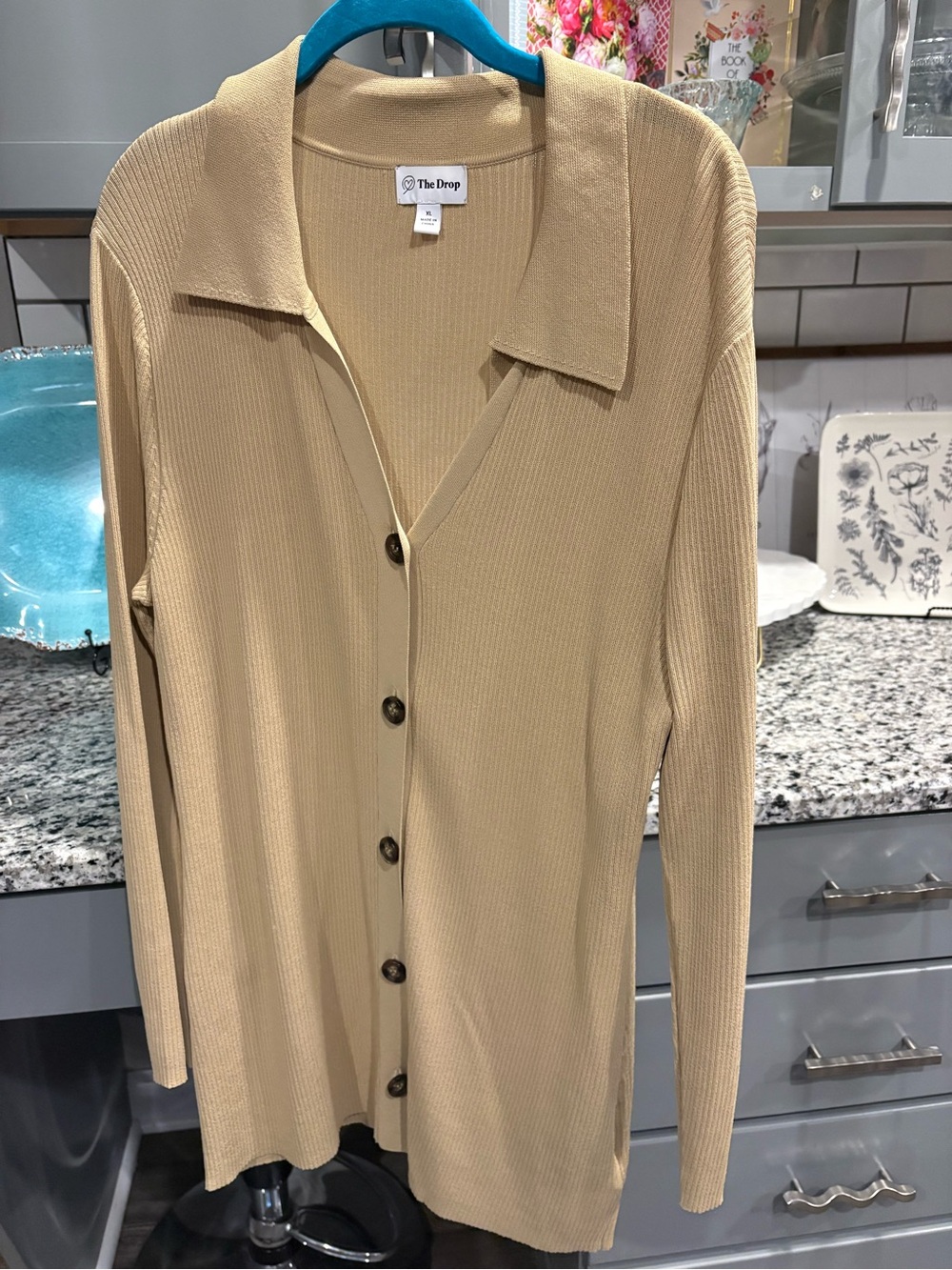 The Drop Ribbed Button-Up Cardigan in Camel - Picture 5 of 7